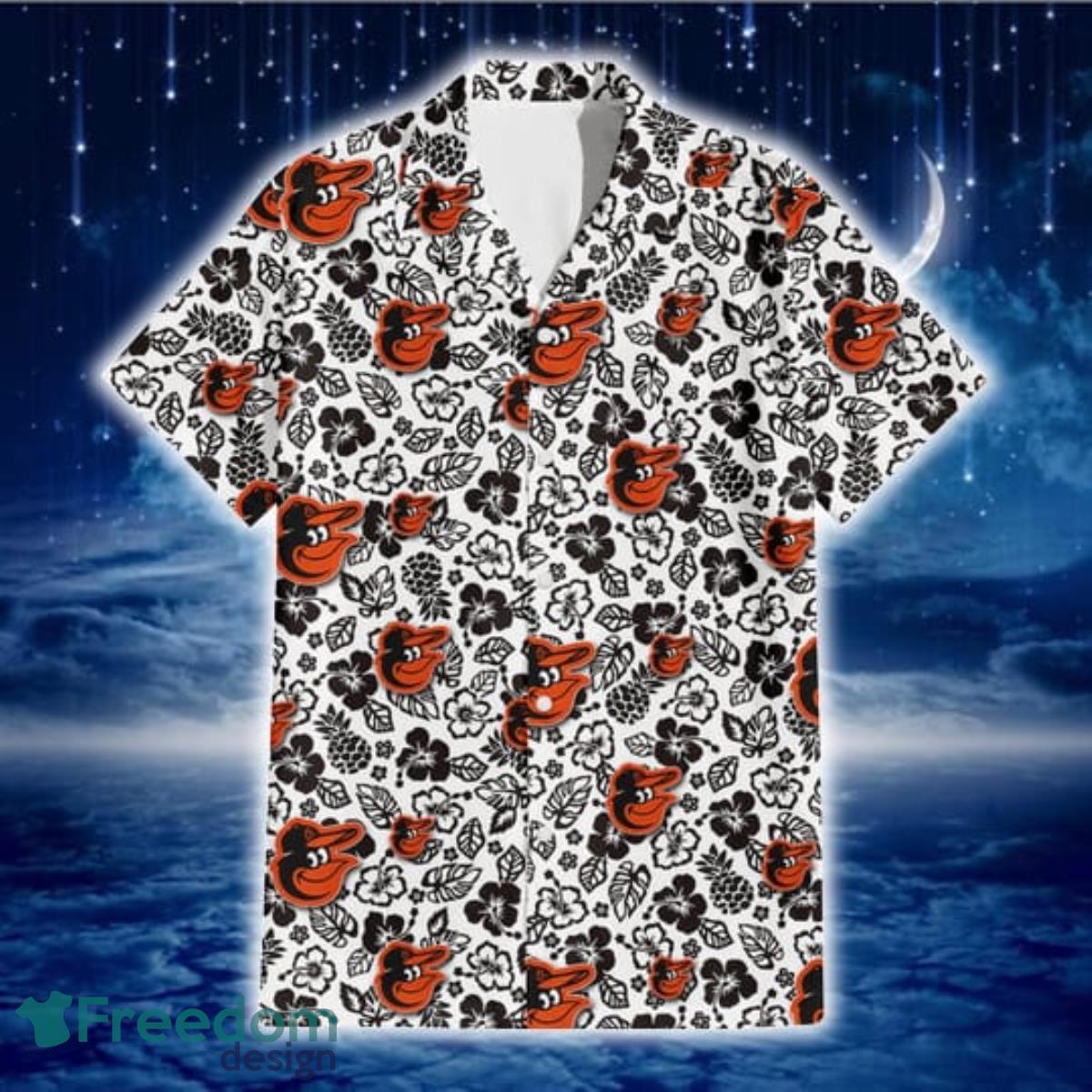 Baltimore Orioles Black And White Hibiscus Leaf White Background 3D Hawaiian Shirt Gift For Fans Product Photo 2