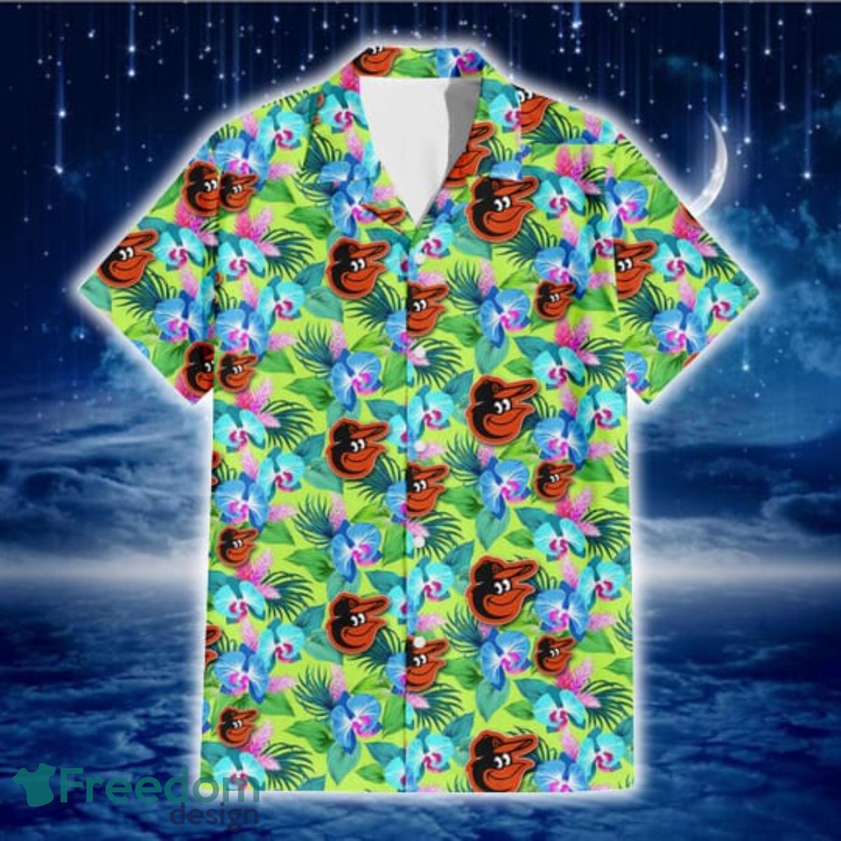 Baltimore Orioles Blue Orchid Green Pink Leaf Green Background 3D Hawaiian Shirt Gift For Fans Product Photo 2