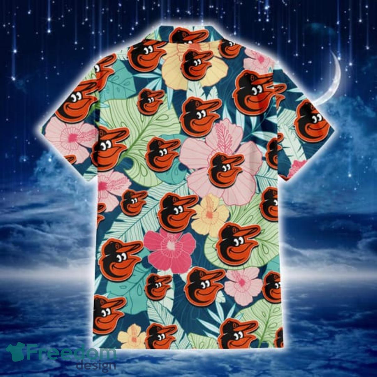 Baltimore Orioles Orange Red Hibiscus Green Leaf Dark Background 3D  Hawaiian Shirt