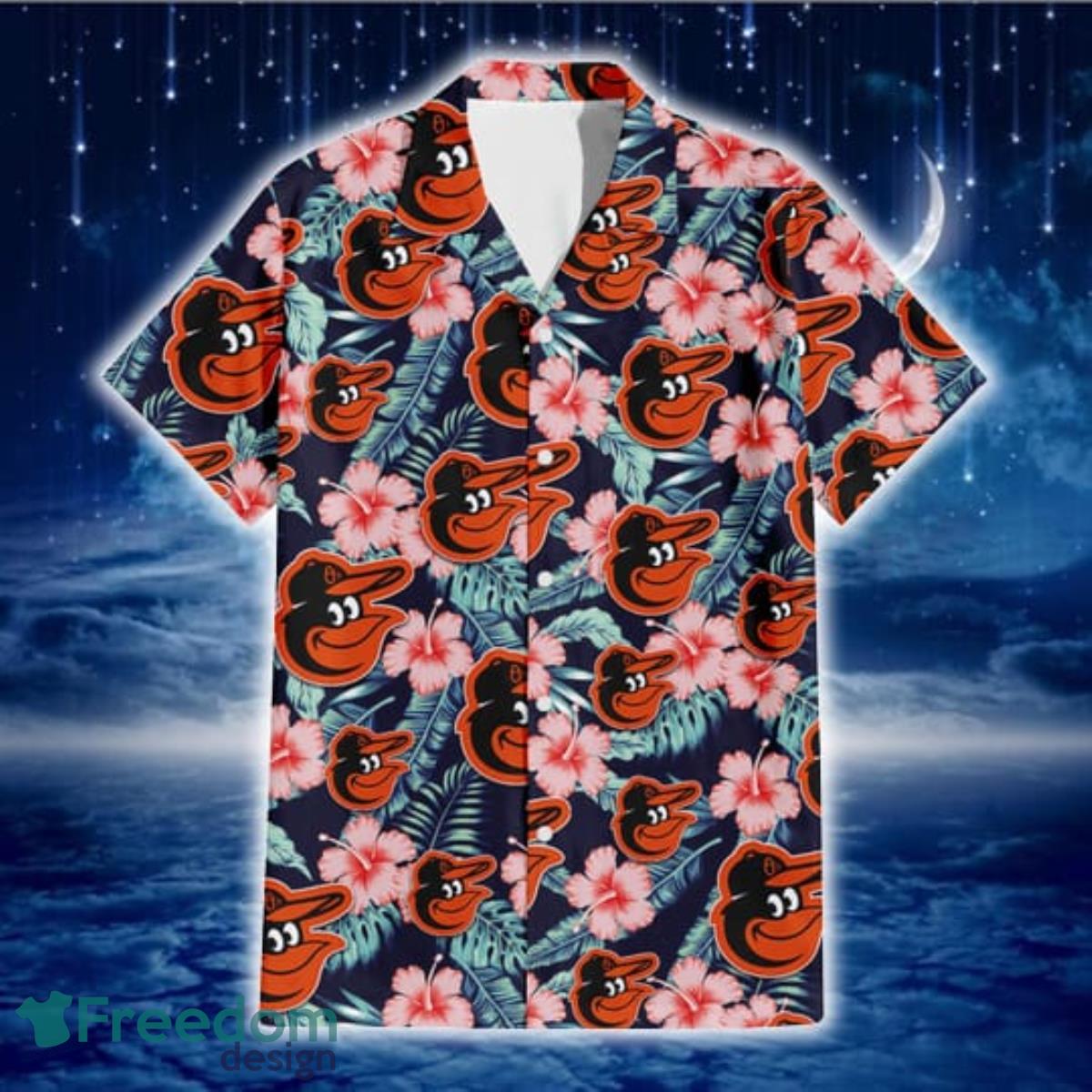 Baltimore Orioles Light Pink Hibiscus Pale Green Leaf Black Background 3D  Hawaiian Shirt Gift For Fans - Freedomdesign