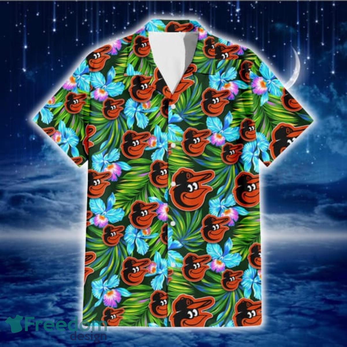 Baltimore Orioles Electro Color Hibiscus Black Background 3D Hawaiian Shirt Gift For Fans Product Photo 2