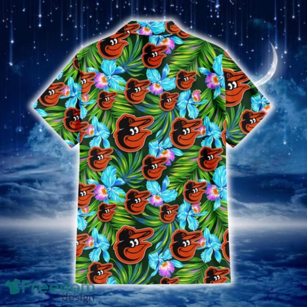 Baltimore Orioles Coral Hibiscus Green Banana Leaf Black Background 3D  Hawaiian Shirt Gift For Fans - Freedomdesign