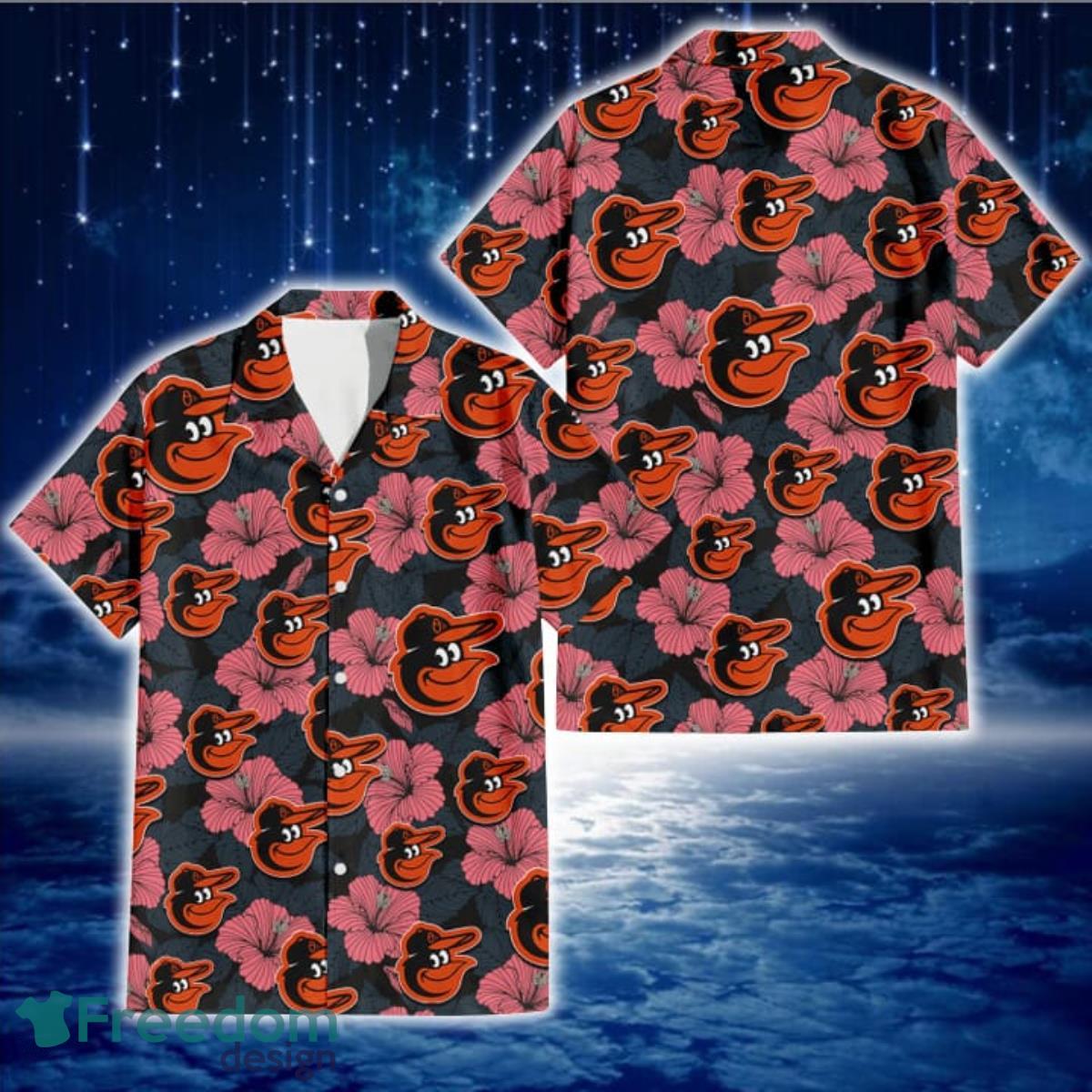 Baltimore Orioles Logo And Red Pink White Hibiscus 3D Hawaiian Shirt For  Fans