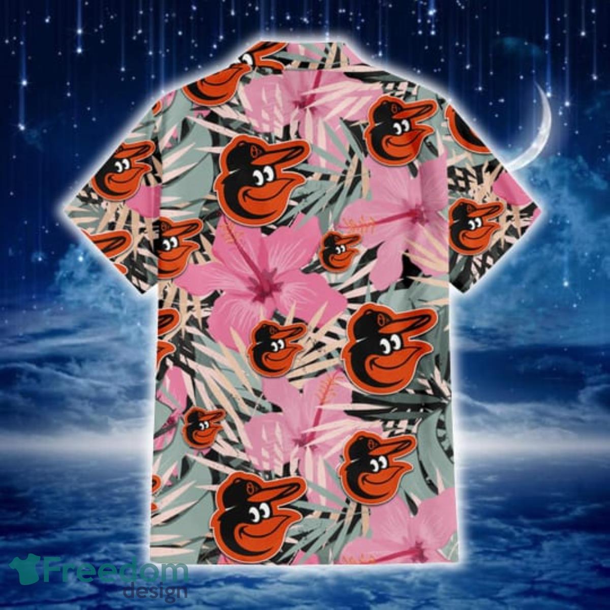Baltimore Orioles Light Pink Hibiscus Pale Green Leaf Black Background 3D  Hawaiian Shirt Gift For Fans - Freedomdesign