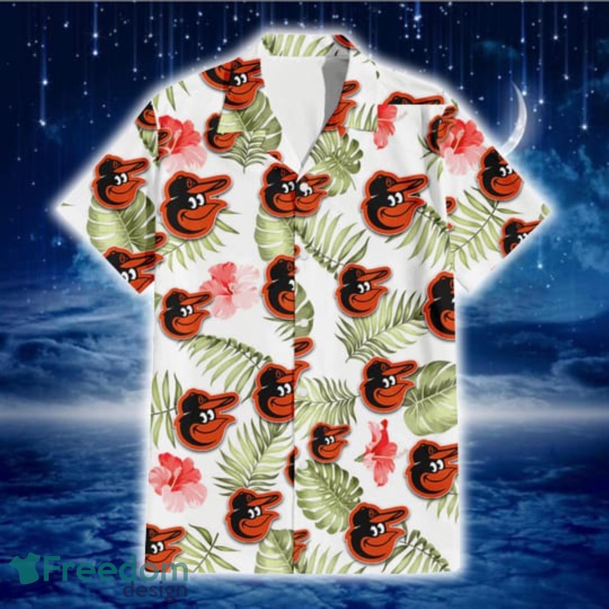 Baltimore Orioles Light Salmon Hibiscus Green Leaf White Background 3D Hawaiian Shirt Gift For Fans Product Photo 2