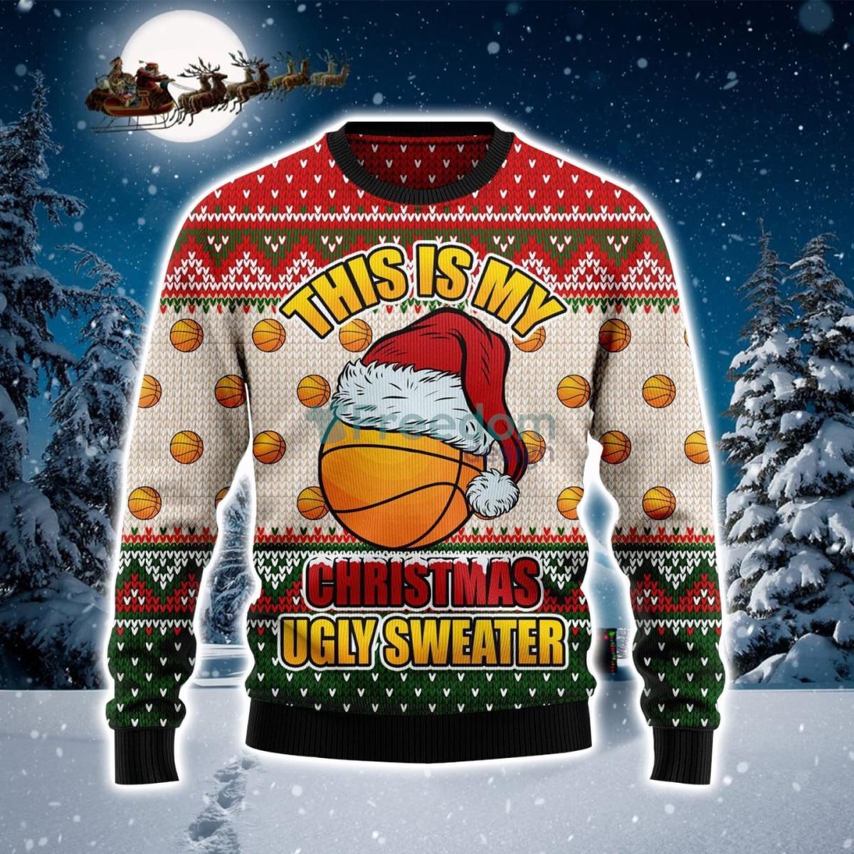 Basketball And Red Hat Ugly Christmas Sweater Product Photo 1