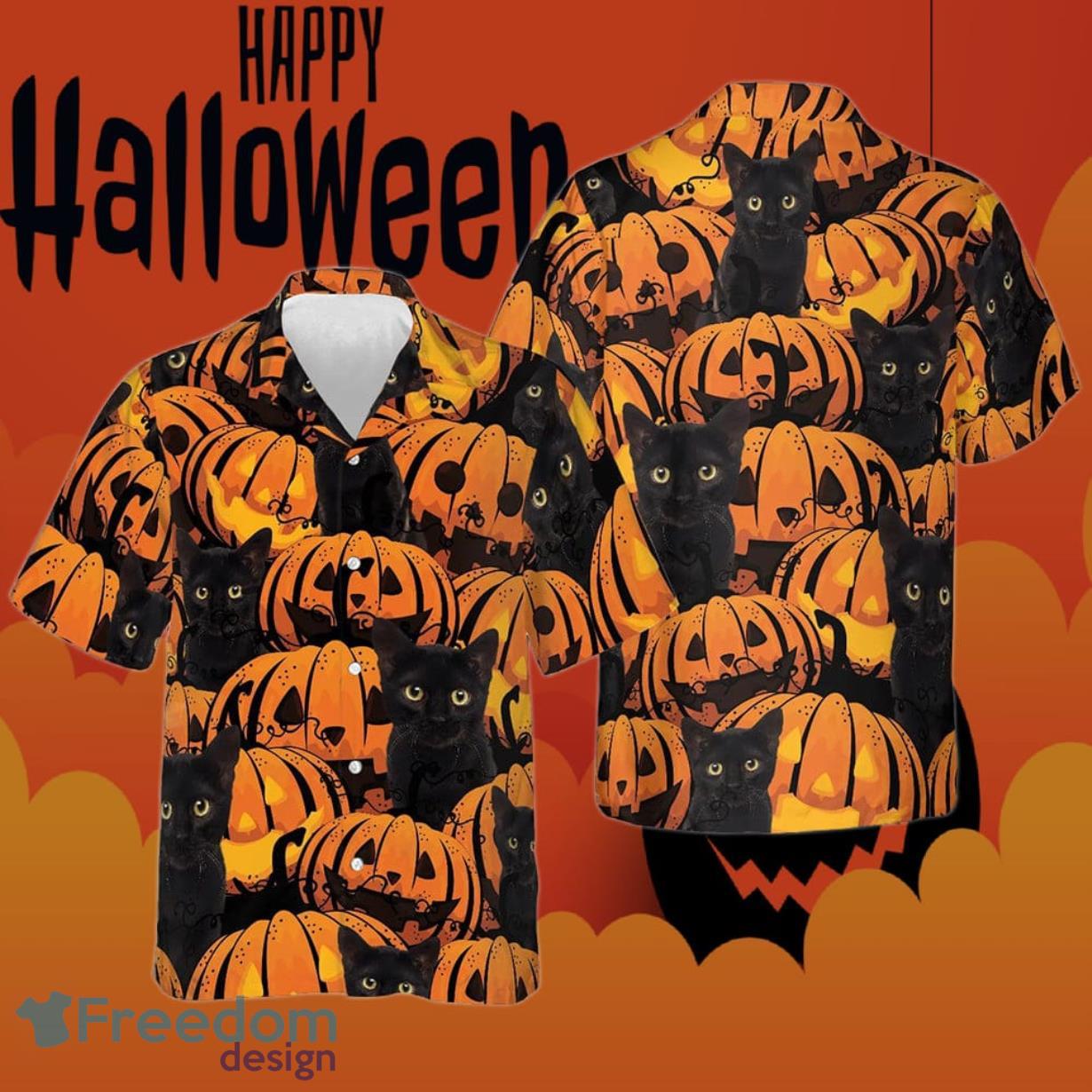 Black Cat And Pumpkin Halloween Hawaiian Shirt Product Photo 1