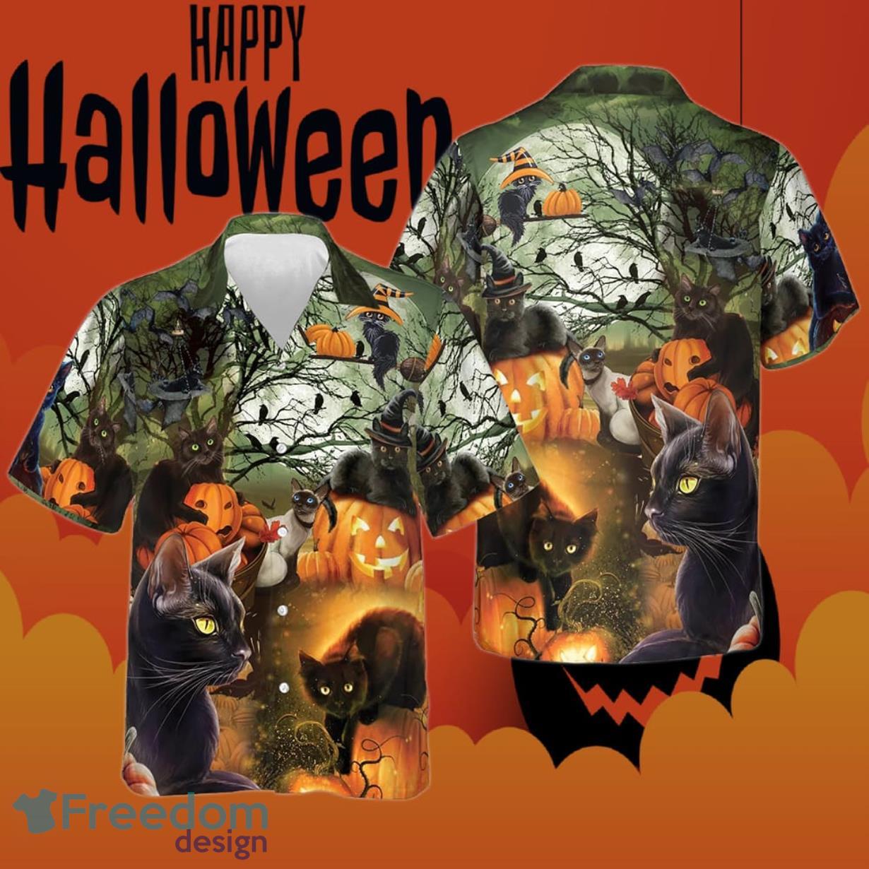 Black Cat And The Pumpkin Halloween Hawaiian Shirt Product Photo 1