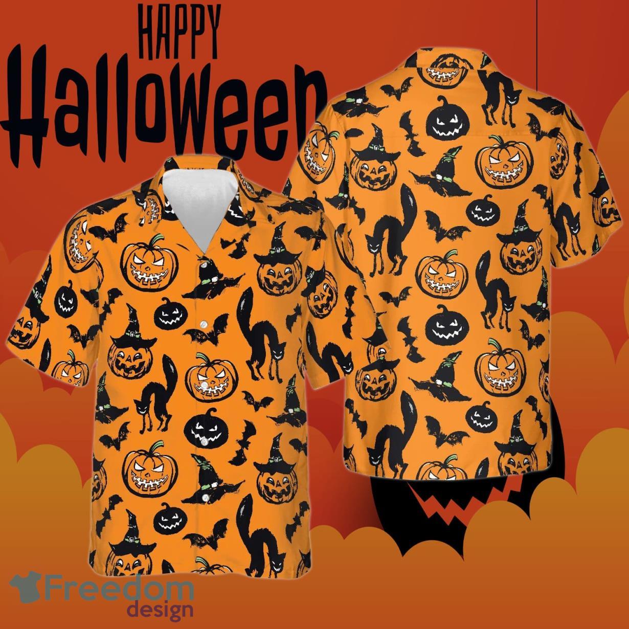 Black Cat Bat Pumpkin Halloween Hawaiian Shirt For Men Women Product Photo 1