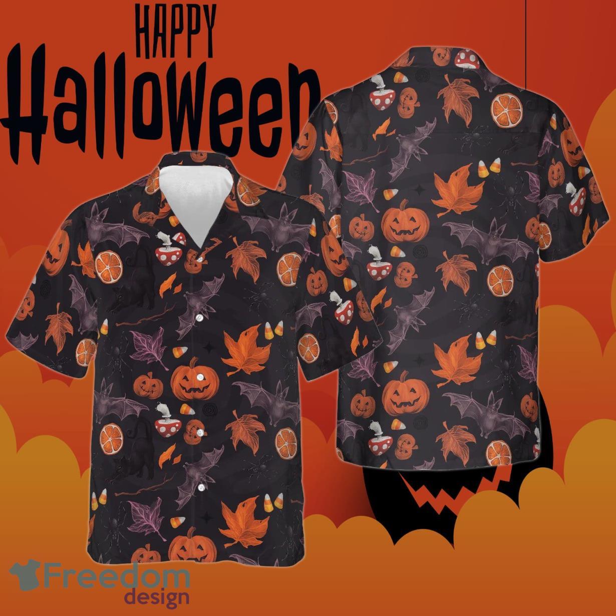 Black Cat Bat Pumpkin Halloween Hawaiian Shirt Product Photo 1