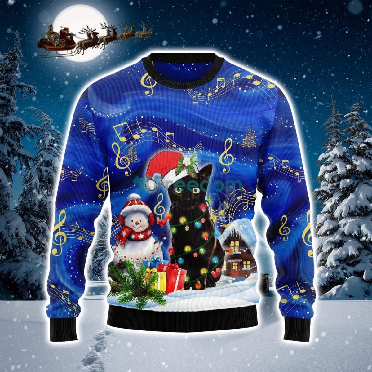 Black Cat Christmas Night Ugly Christmas Sweater Product Photo 1