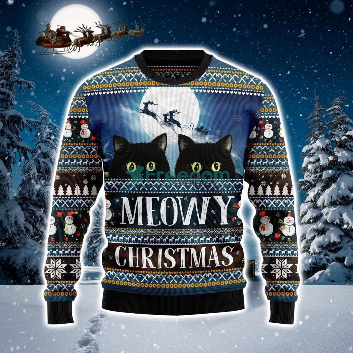 Black Cat Meowy In Night Ugly Christmas Sweater Product Photo 1