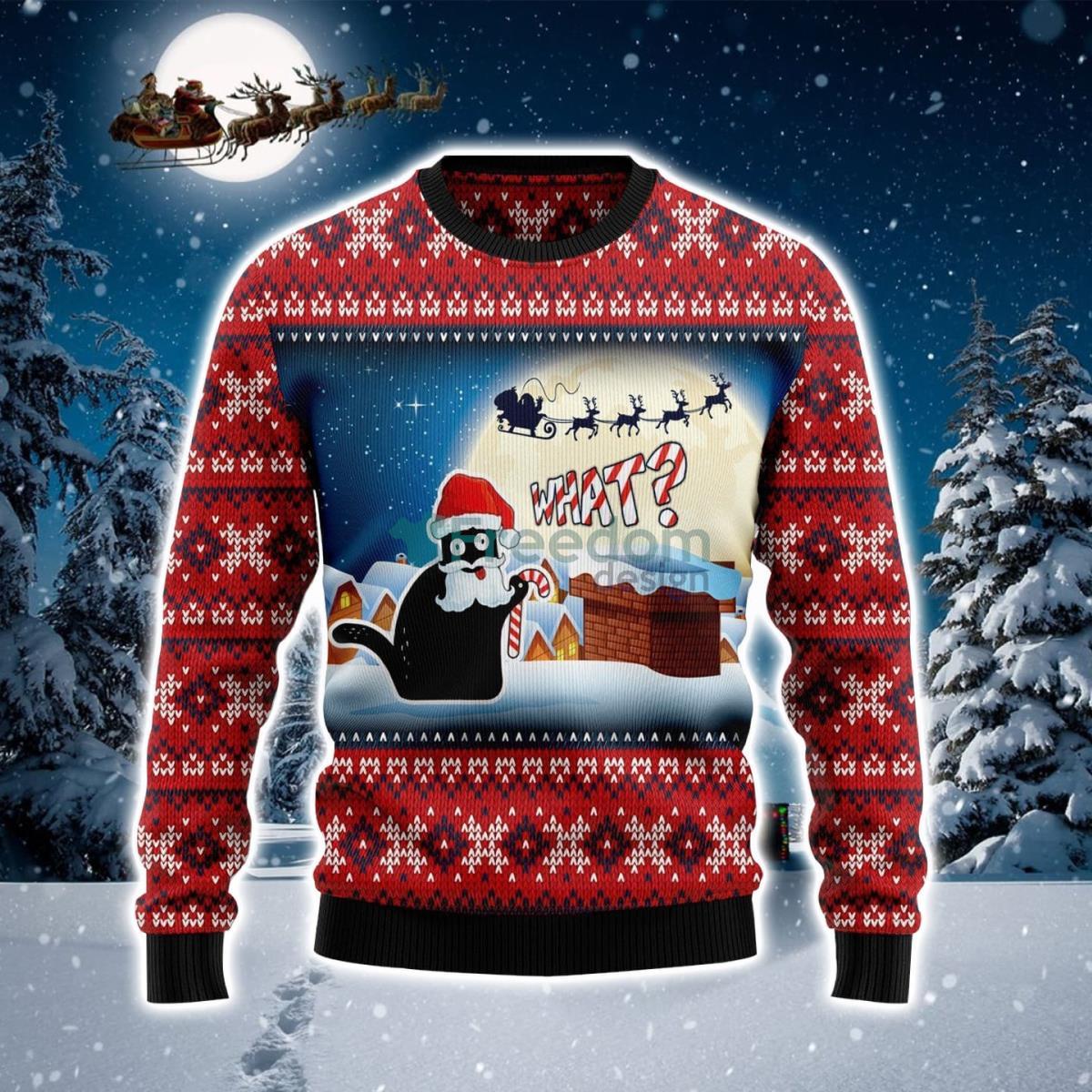 Black Cat Say What Ugly Christmas Sweater Product Photo 1