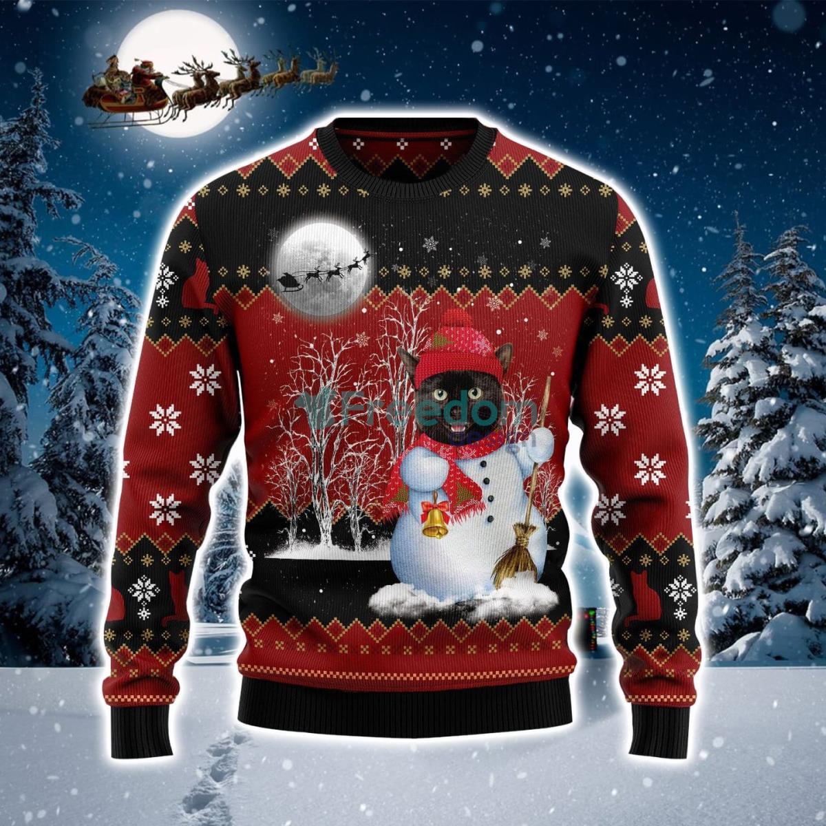 Black Cat Snowman Ugly Christmas Sweater Product Photo 1