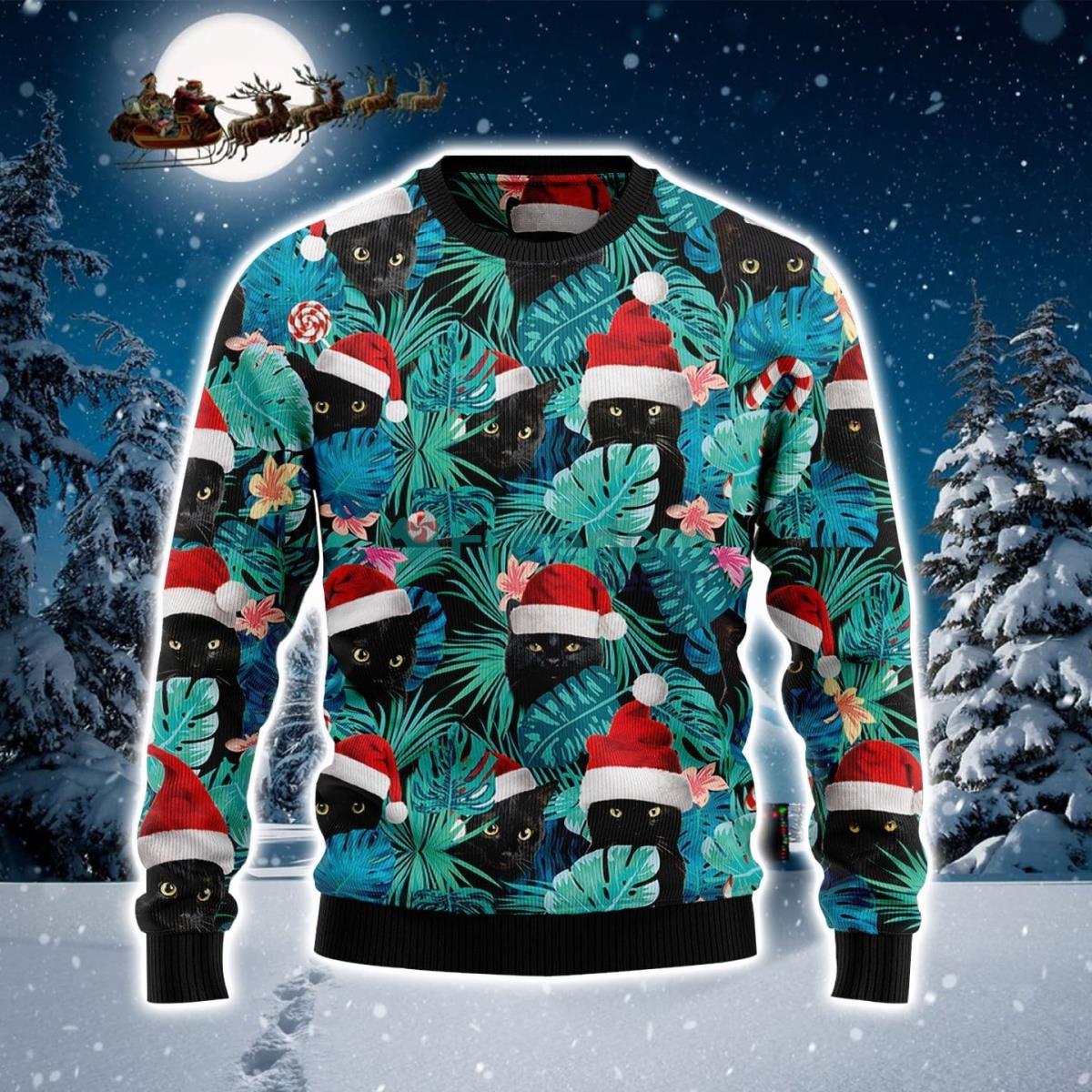 Black Cat Tropical Pattern Ugly Christmas Sweater Product Photo 1