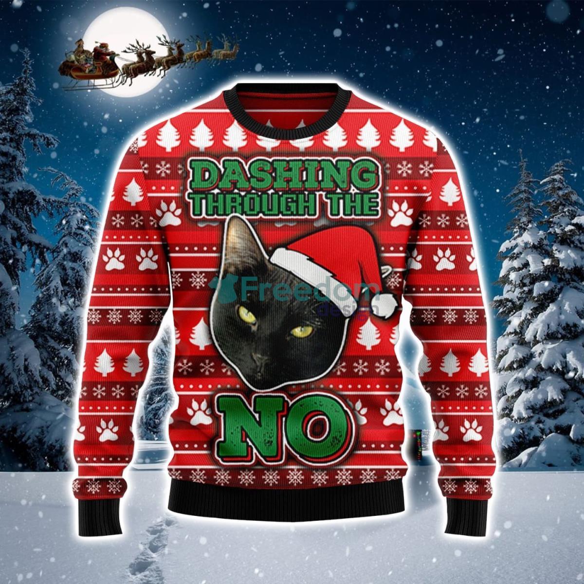 Black Cat With Yellow Eyes Ugly Christmas Sweater Product Photo 1