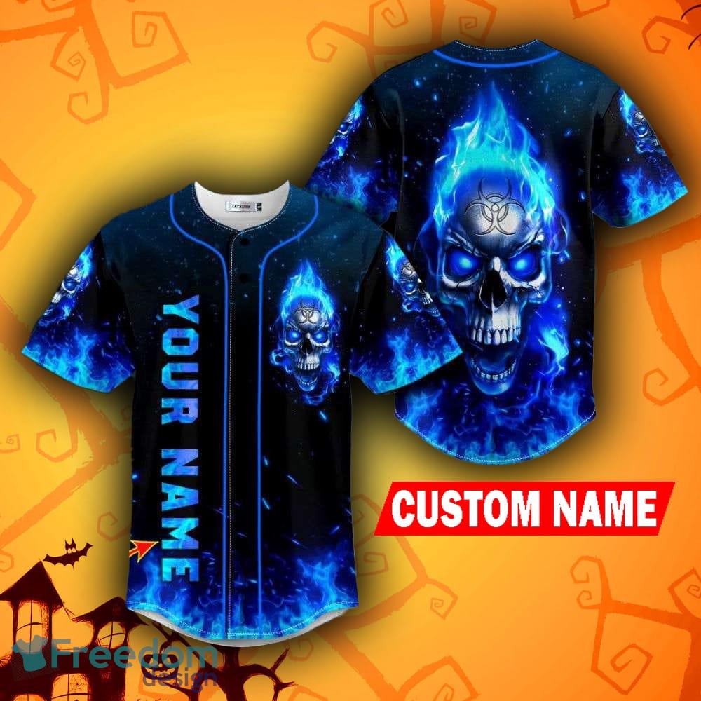 Blue Fire Halloween Skull Baseball Jersey Shirt Custom Name - Freedomdesign
