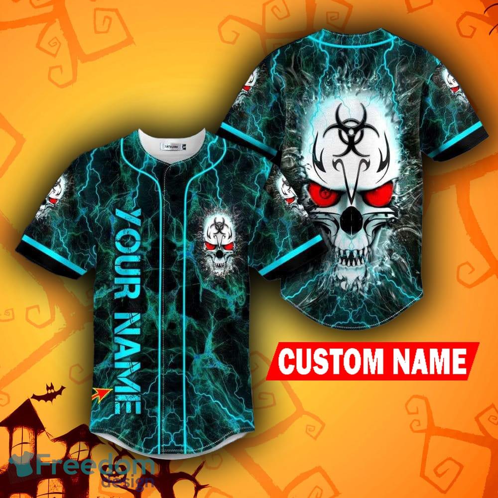 Custom Name Red Eyes Blue Fire Skull Baseball Jersey For Men And Women Gift  Halloween - Banantees