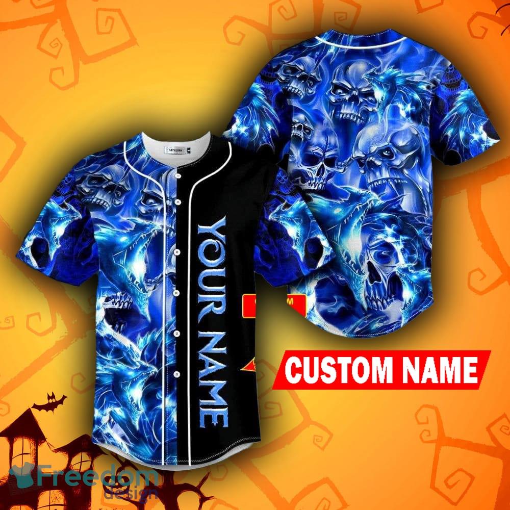 Custom Name Red Eyes Blue Fire Skull Baseball Jersey For Men And Women Gift  Halloween - Banantees