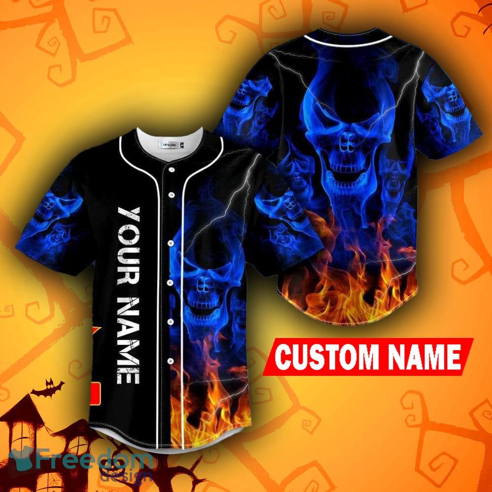 Blue Smoke Skeleton Fire Skull Custom Name All Over Print Baseball Jersey  Shirt - Banantees