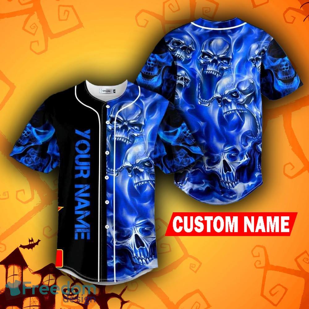 Blue Smoke Skeleton Fire Skull Custom Name All Over Print Baseball