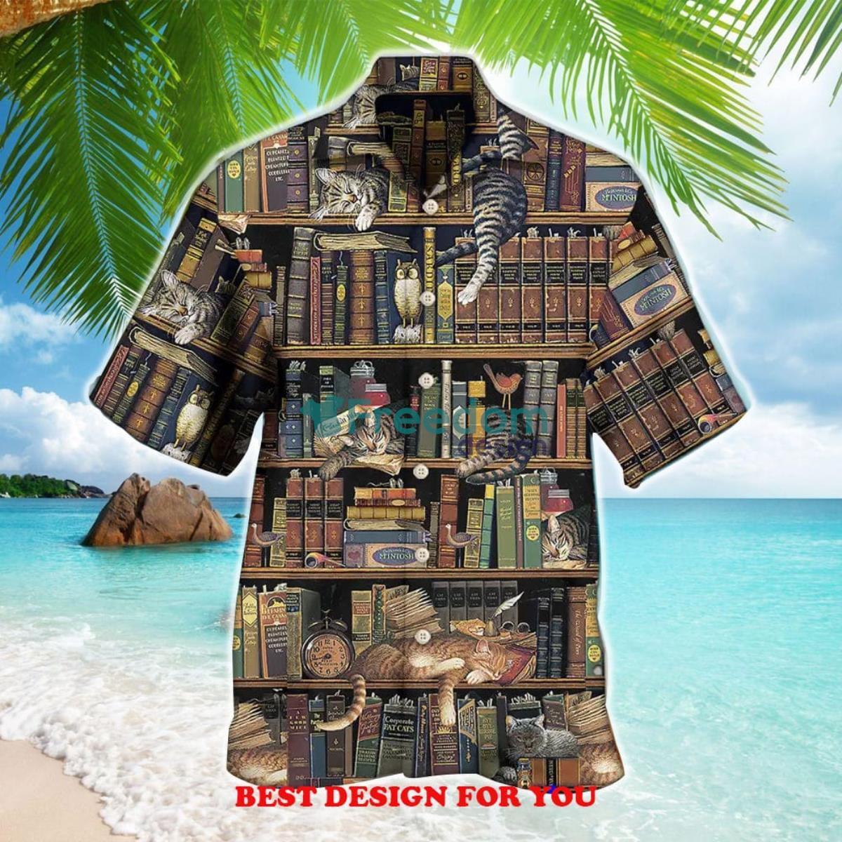 Book And Cat Vintage Gift Print Over 3D Hawaiian Shirt Product Photo 1