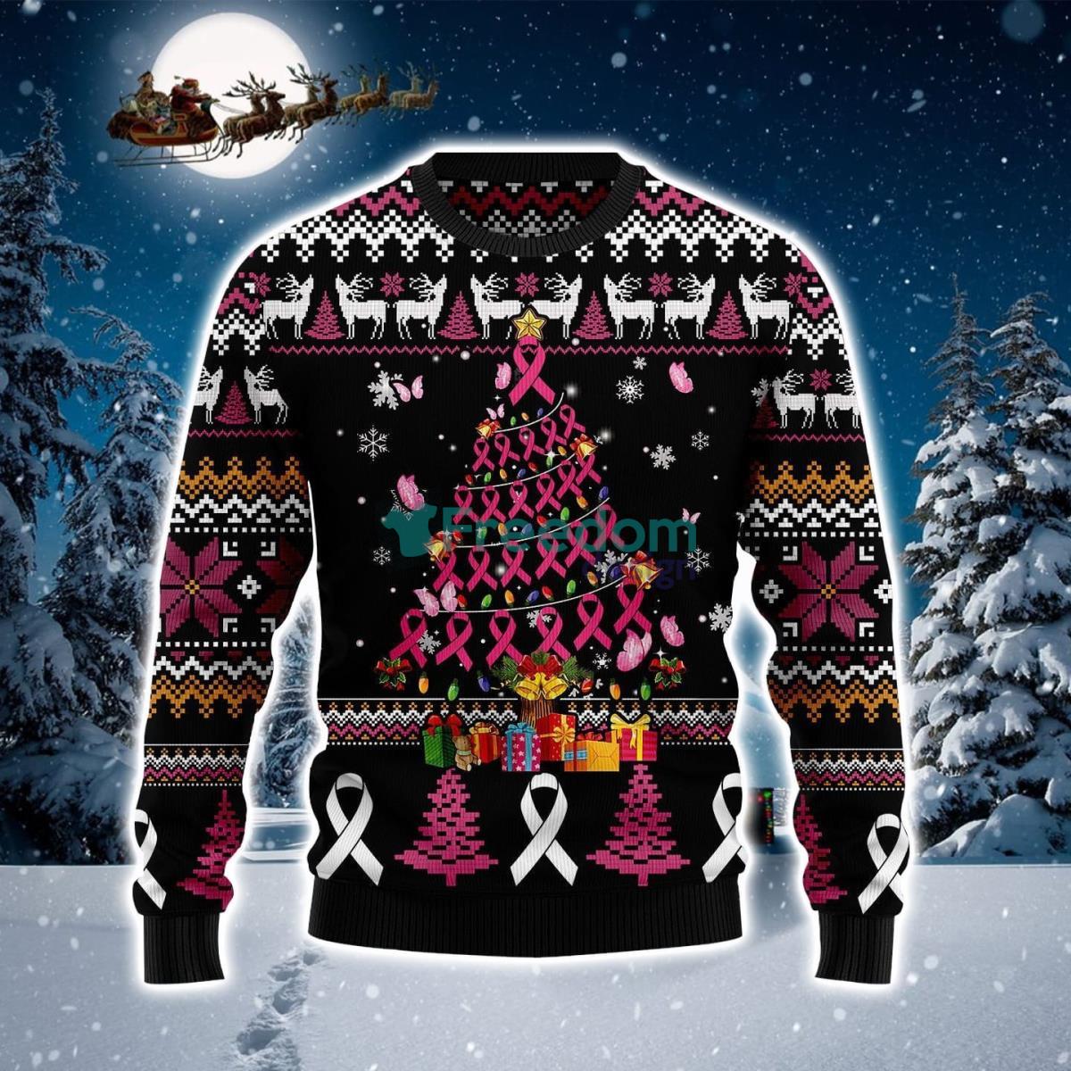 Breast Cancer Awareness Pine Tree Ugly Christmas Sweater Product Photo 1