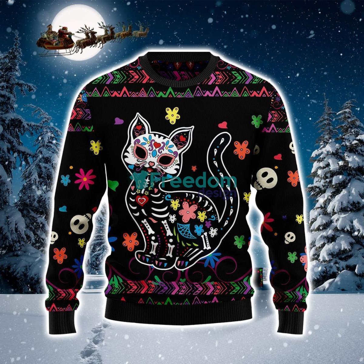 Cat Sugar Skull On Black Ugly Christmas Sweater Product Photo 1