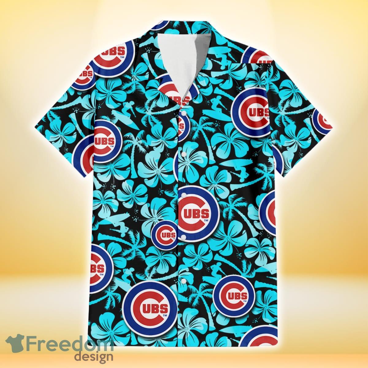 Chicago Cubs Blue Hibiscus Blue Coconut Tree Black Background 3D Hawaiian Shirt Gift For Fans Product Photo 2