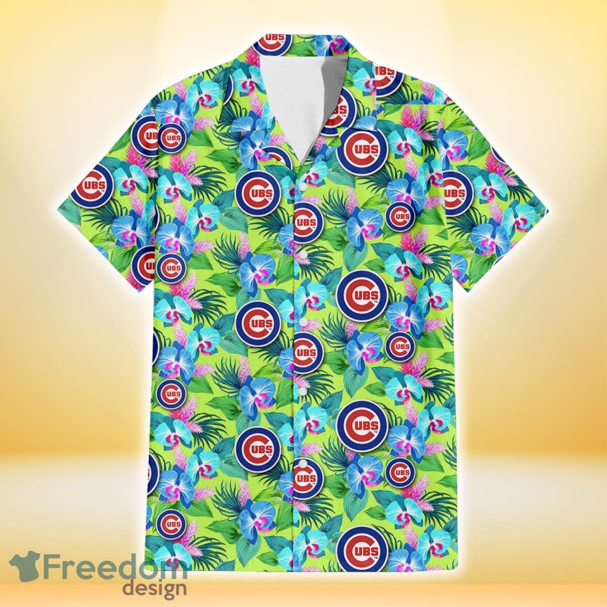 Chicago Cubs Blue Orchid Green Pink Leaf Green Background 3D Hawaiian Shirt Gift For Fans Product Photo 2