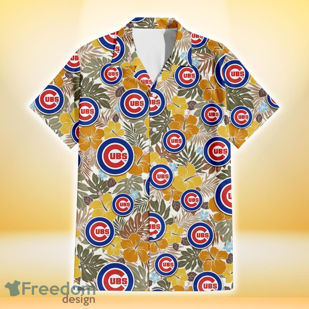 Chicago Cubs Brown Yellow Hibiscus White Background 3D Hawaiian Shirt Gift For Fans Product Photo 2