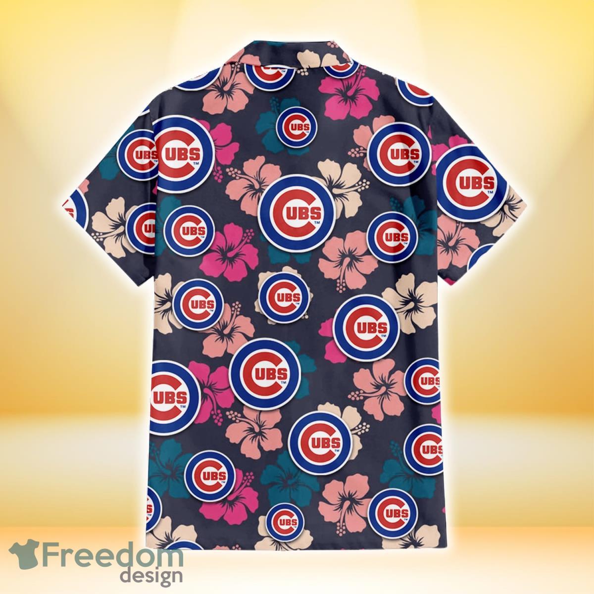 Chicago Cubs Light Pink Hibiscus Pale Green Leaf Black Background 3D  Hawaiian Shirt Gift For Fans - Freedomdesign