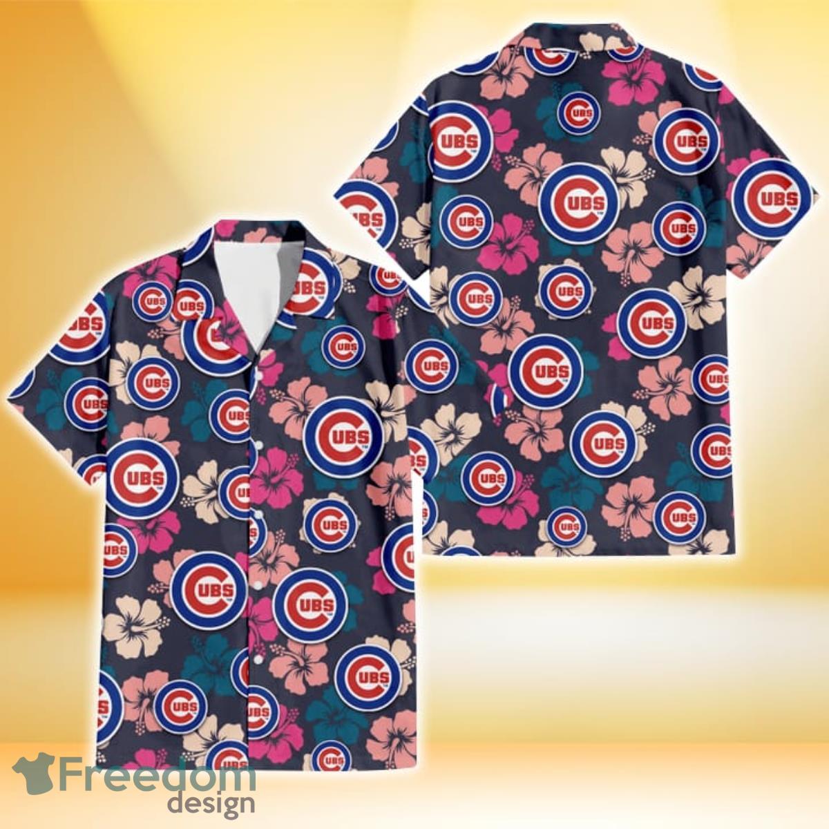 Chicago Cubs Light Pink Hibiscus Pale Green Leaf Black Background 3D  Hawaiian Shirt Gift For Fans - Freedomdesign