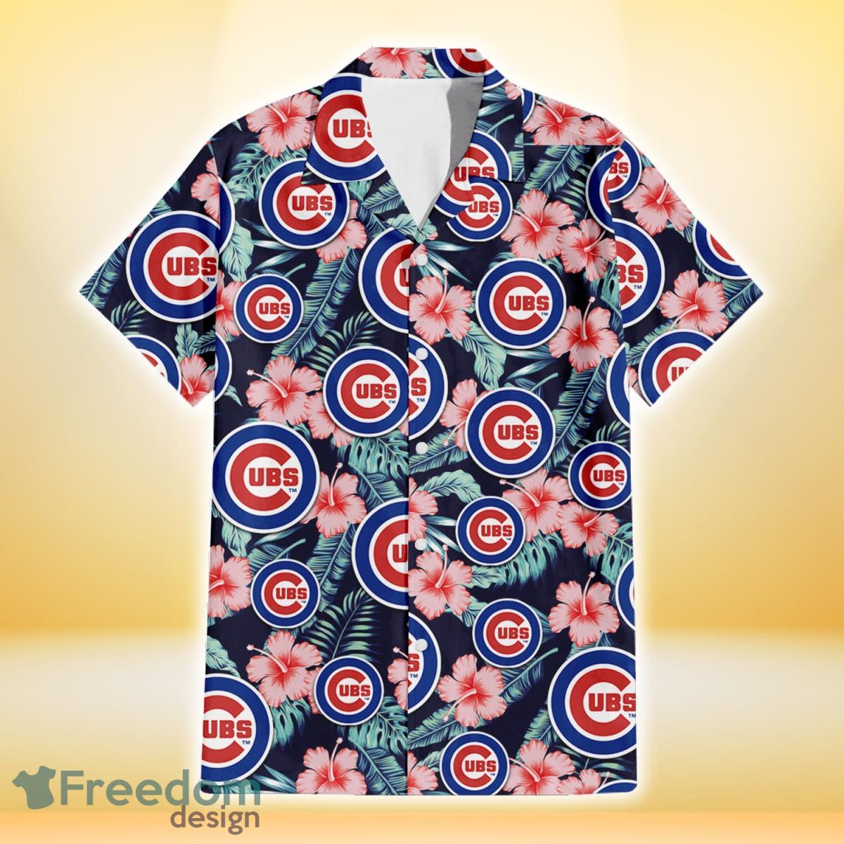 Chicago Cubs Coral Hibiscus Green Banana Leaf Black Background 3D Hawaiian Shirt Gift For Fans Product Photo 2
