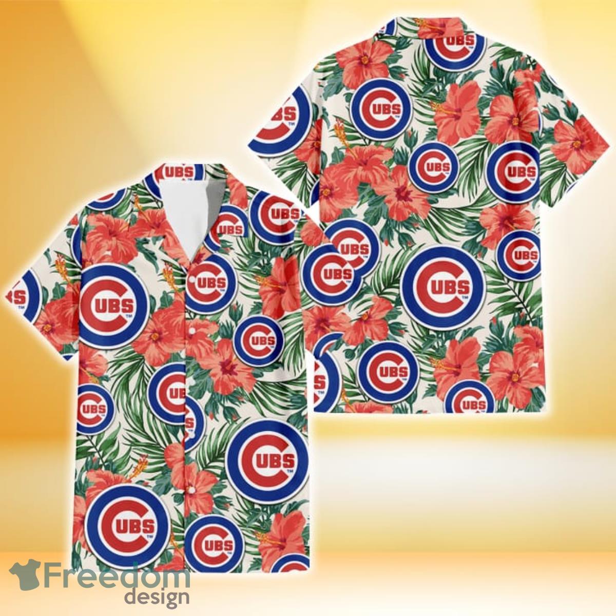 Chicago Cubs Red Hibiscus Gray Leaf Beige Background 3D Hawaiian Shirt Gift  For Fans - Freedomdesign