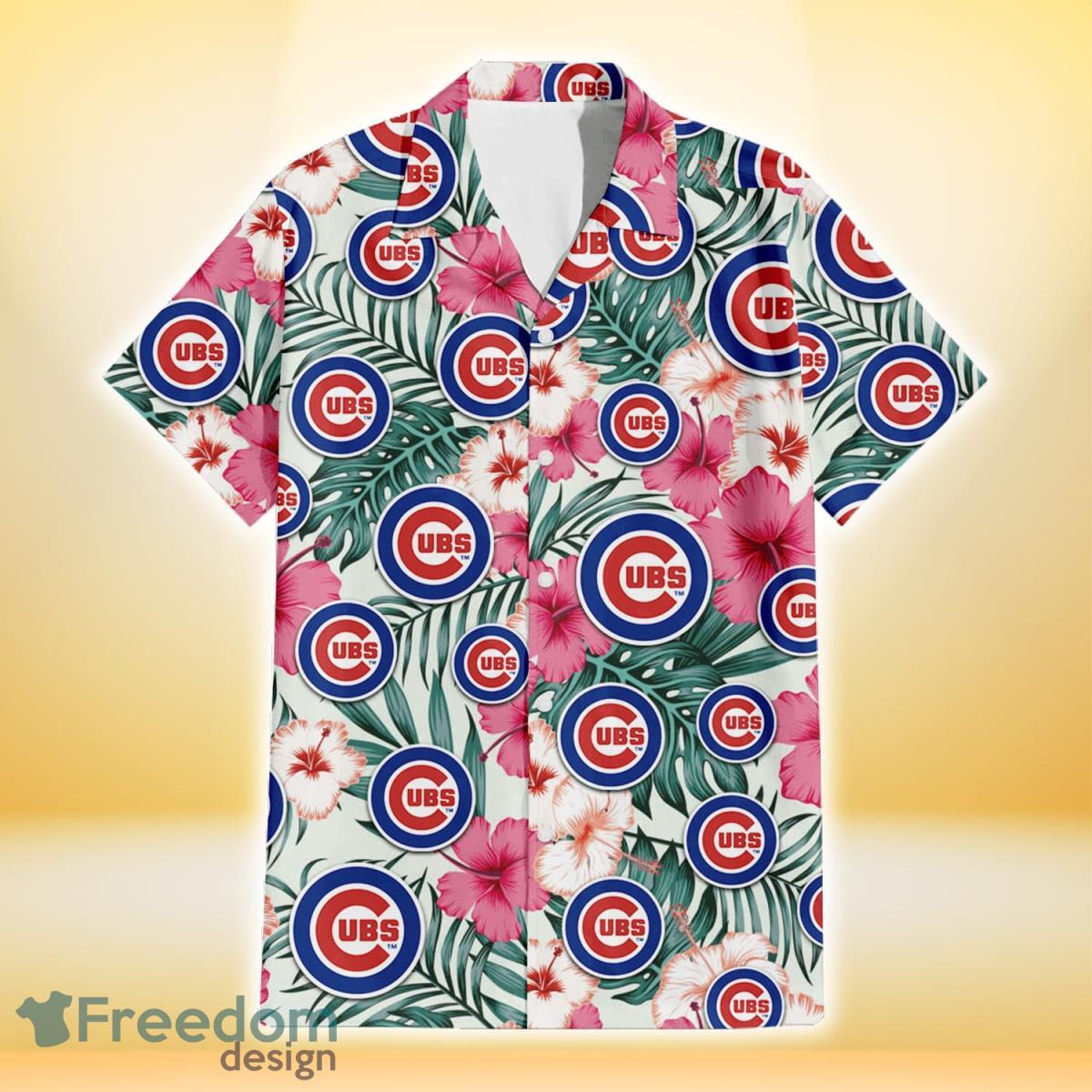 Chicago Cubs Light Pink Hibiscus Pale Green Leaf Black Background 3D  Hawaiian Shirt Gift For Fans - Freedomdesign