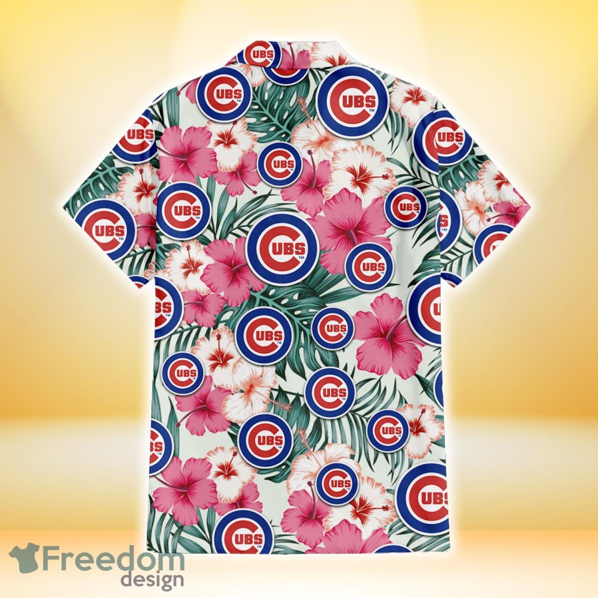 Chicago Cubs Pink Hibiscus Green Leaf Beige Background 3D Hawaiian Shirt  Gift For Fans - Freedomdesign