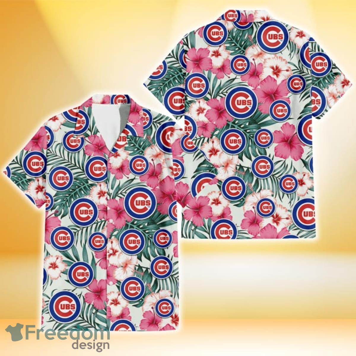 Chicago Cubs Big Logo And Light Coral Hibiscus 3D Hawaiian Shirt