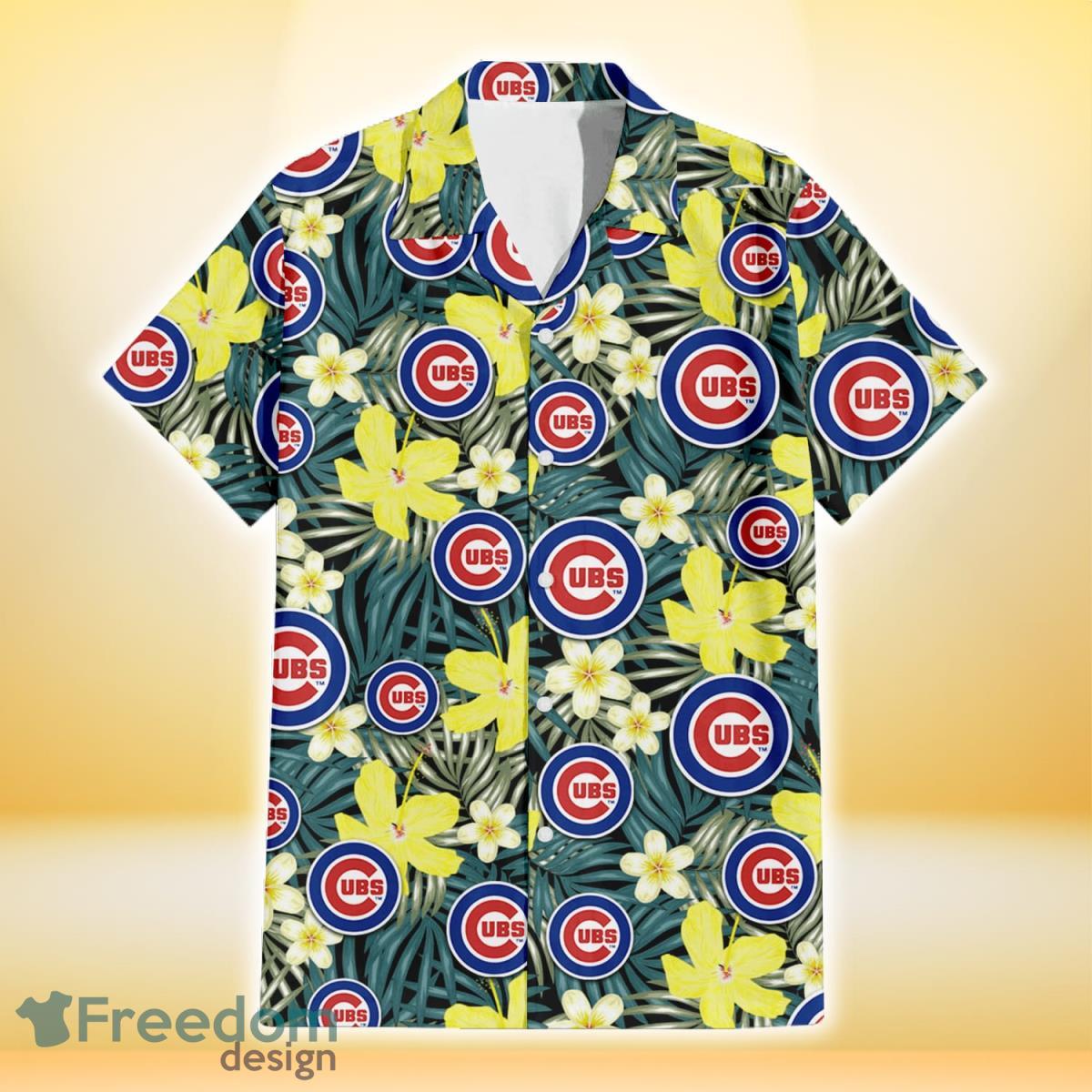 Chicago Cubs Hibiscus Green Palm Leaf Black Background 3D Hawaiian Shirt Gift For Fans Product Photo 2