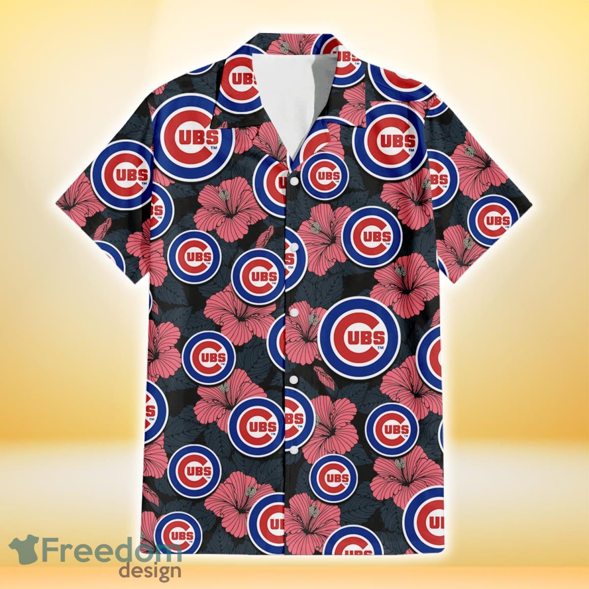 Chicago Cubs Light Coral Hibiscus Gray Leaf Black Background 3D Hawaiian Shirt Gift For Fans Product Photo 2