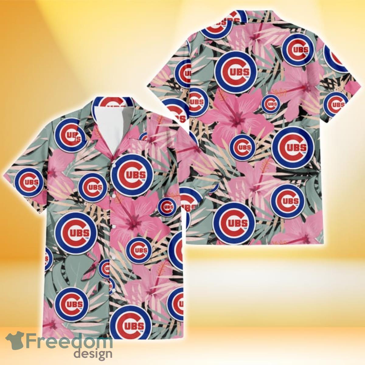 Chicago Cubs Big Logo And Light Coral Hibiscus 3D Hawaiian Shirt