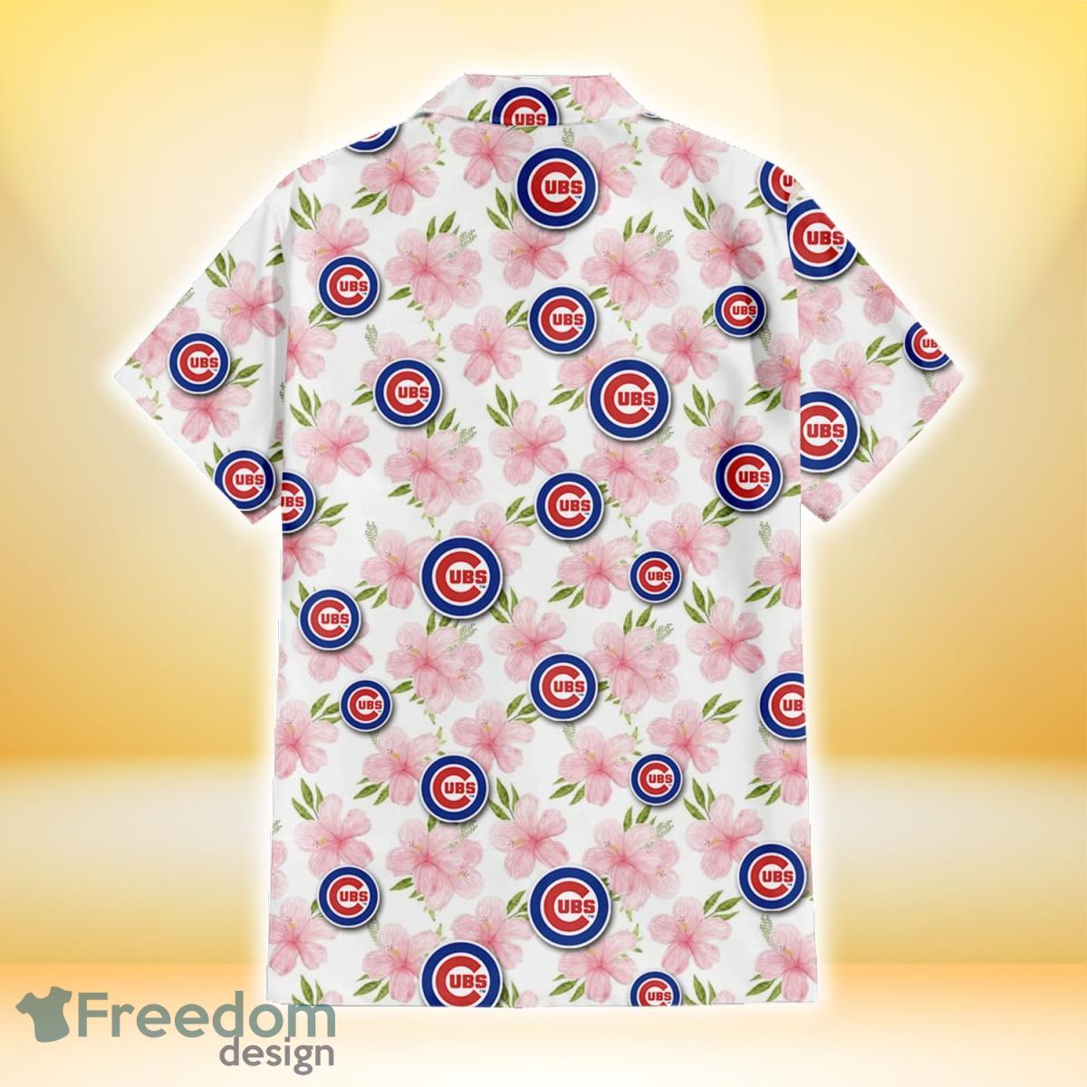 Chicago Cubs Light Pink Hibiscus Pale Green Leaf Black Background 3D  Hawaiian Shirt Gift For Fans - Freedomdesign