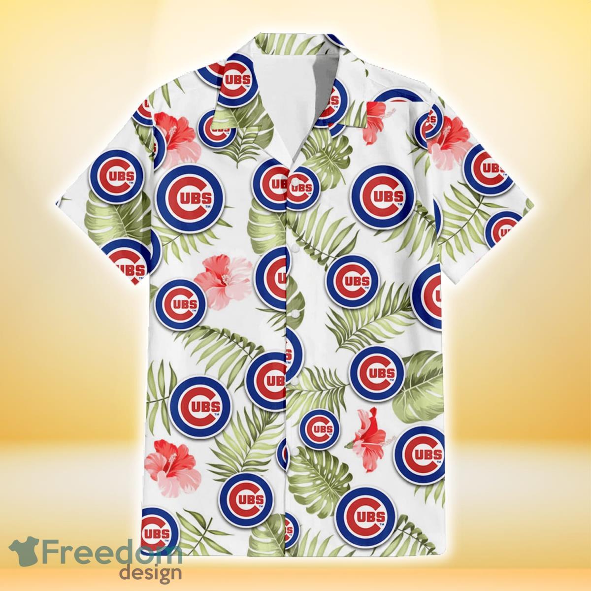 Chicago Cubs Light Pink Hibiscus Pale Green Leaf Black Background 3D  Hawaiian Shirt Gift For Fans - Freedomdesign