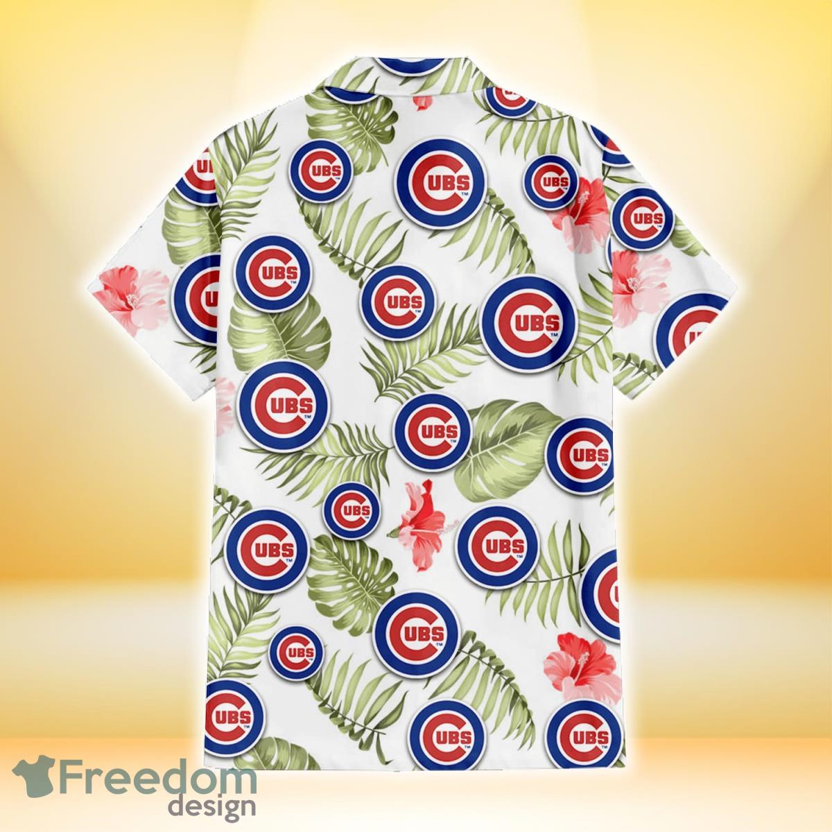 Chicago Cubs Light Pink Hibiscus Pale Green Leaf Black Background 3D  Hawaiian Shirt Gift For Fans - Freedomdesign