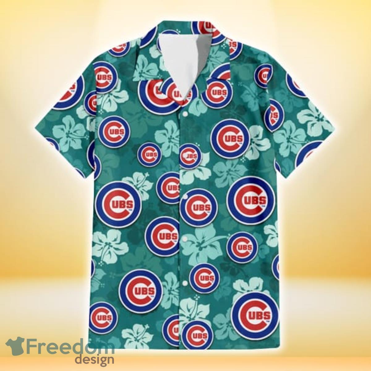 Chicago Cubs Light Sea Green Hibiscus Green Background 3D Hawaiian Shirt Gift For Fans Product Photo 2