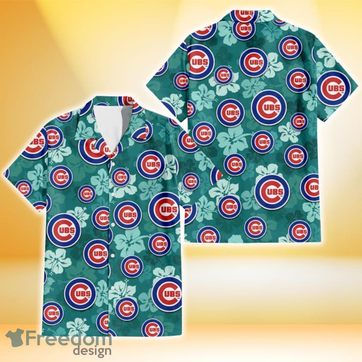 Chicago Cubs Light Sea Green Hibiscus Green Background 3D Hawaiian Shirt Gift For Fans Product Photo 1