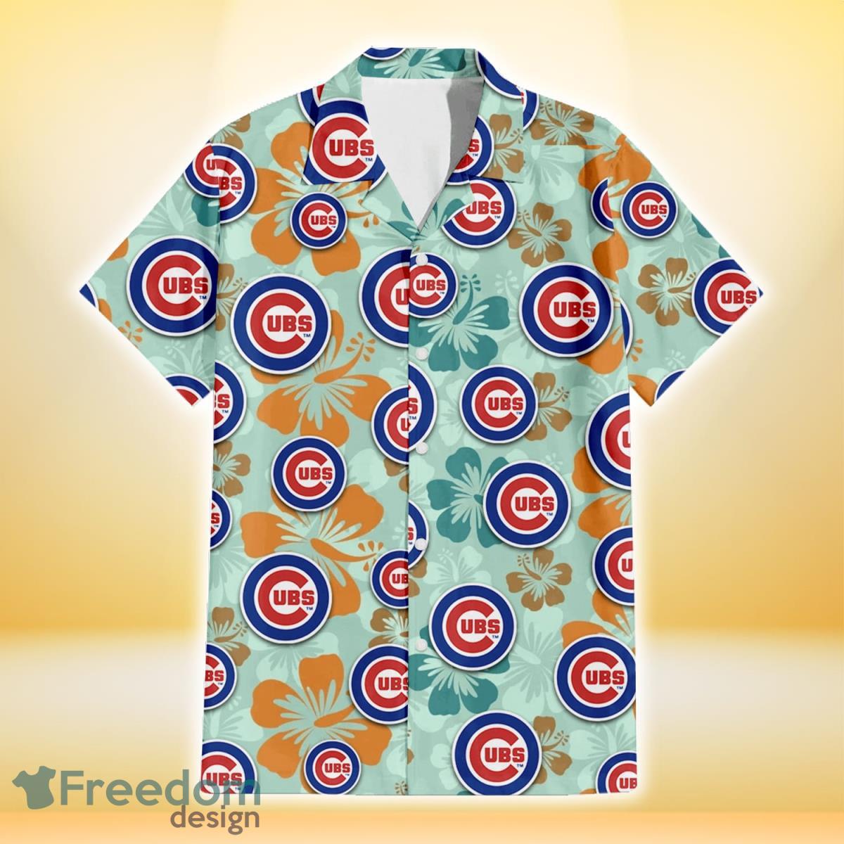 Chicago Cubs Orange Green Hibiscus Pale Green Background 3D Hawaiian Shirt Gift For Fans Product Photo 2