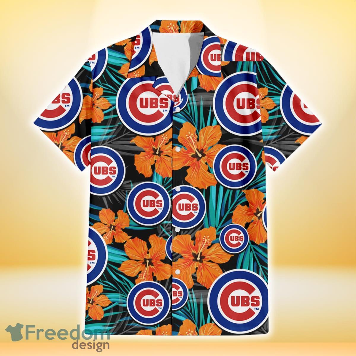 Chicago Cubs Orange Hibiscus Blue Gray Leaf Black Background 3D Hawaiian Shirt Gift For Fans Product Photo 2