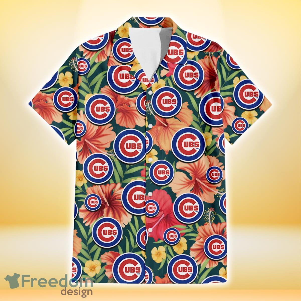 Chicago Cubs Orange Red Hibiscus Green Leaf Dark Background 3D Hawaiian Shirt Gift For Fans Product Photo 2