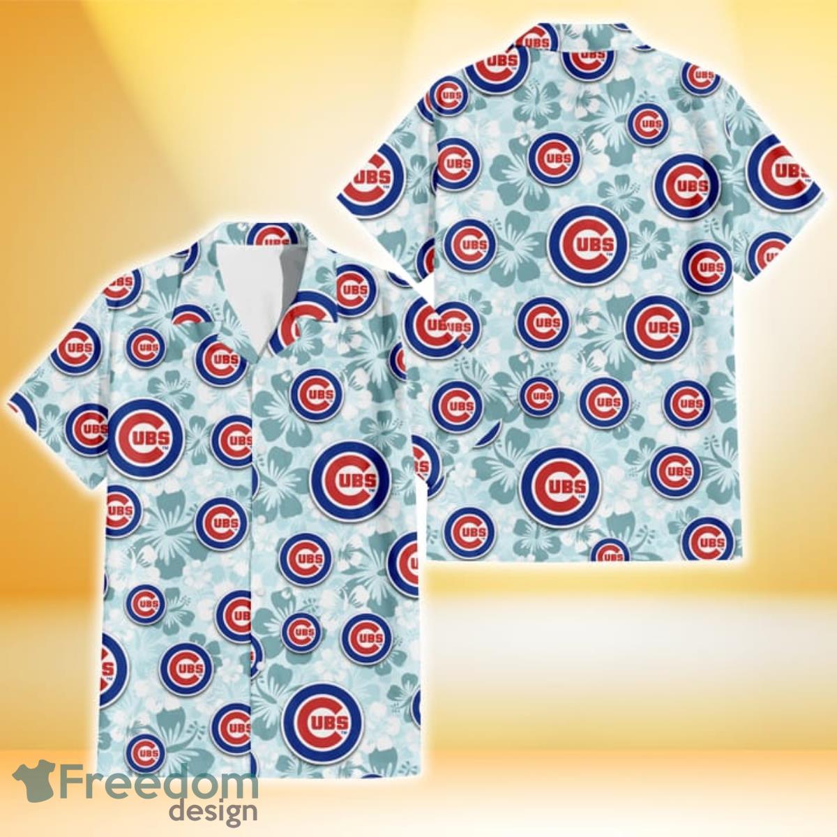 Chicago Cubs Small Hibiscus Buds Navy Background 3D Hawaiian Shirt